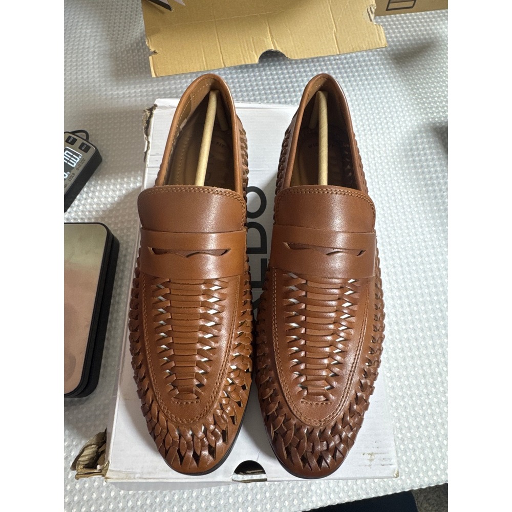 Aldo Loafers Men 9.5 Danilo-236 Cognac Woven Leather Dress Shoes NIB